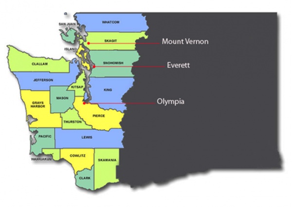 County map of Washington that shows selected sites